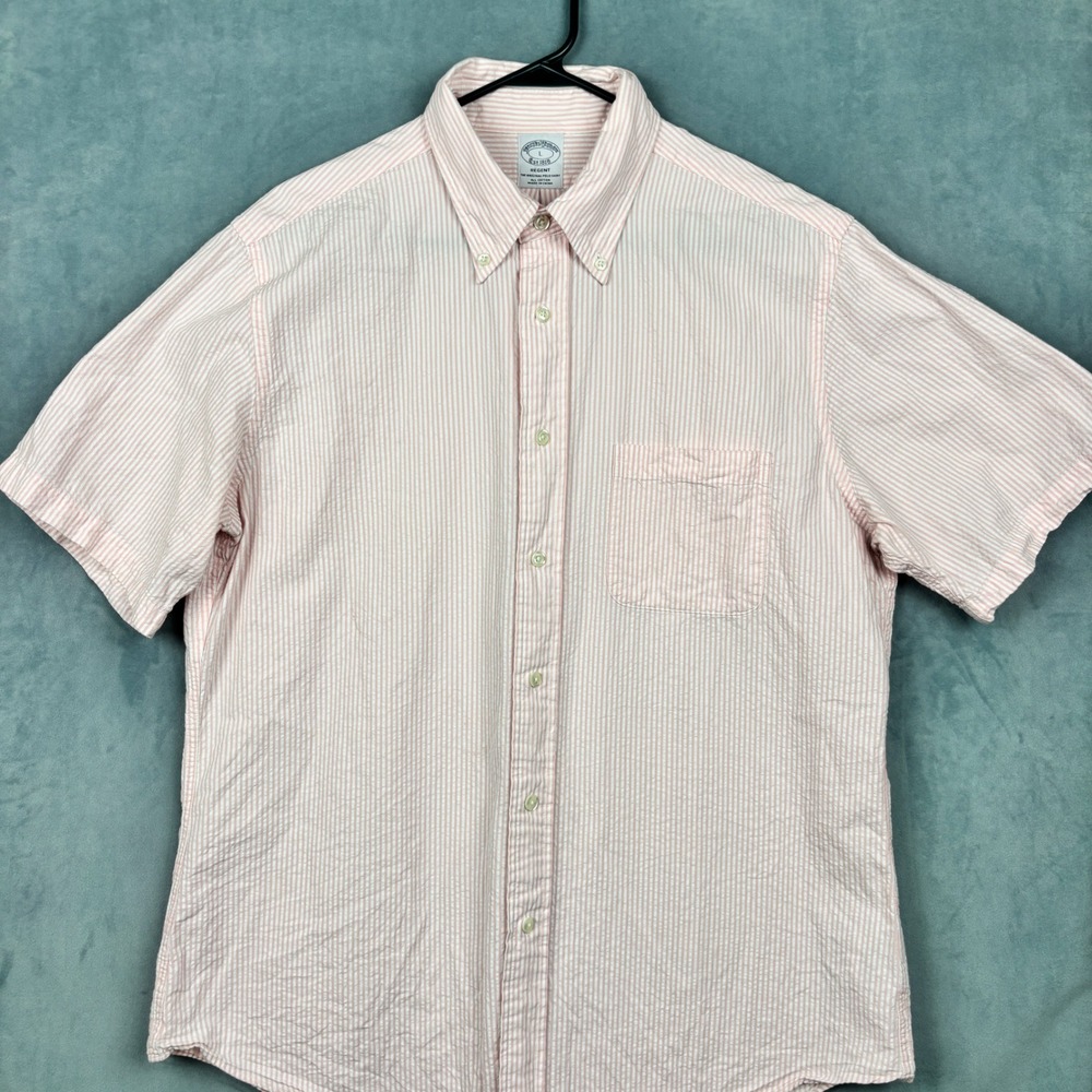Brooks Brothers Regent Seersucker Shirt Mens L Pink White Stripe Short Sleeve
